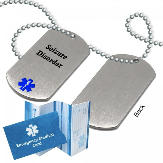 Pre-engraved "SEIZURE DISORDER" Stainless Steel Medical Alert Dog Tag for Men and Women. Emergency Medical Card, Complimentary 12-Month Access PHR Personal Health Record!