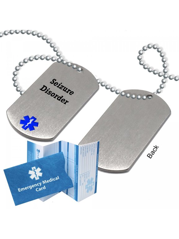 Pre-engraved "SEIZURE DISORDER" Stainless Steel Medical Alert Dog Tag for Men and Women. Emergency Medical Card, Complimentary 12-Month Access PHR Personal Health Record!