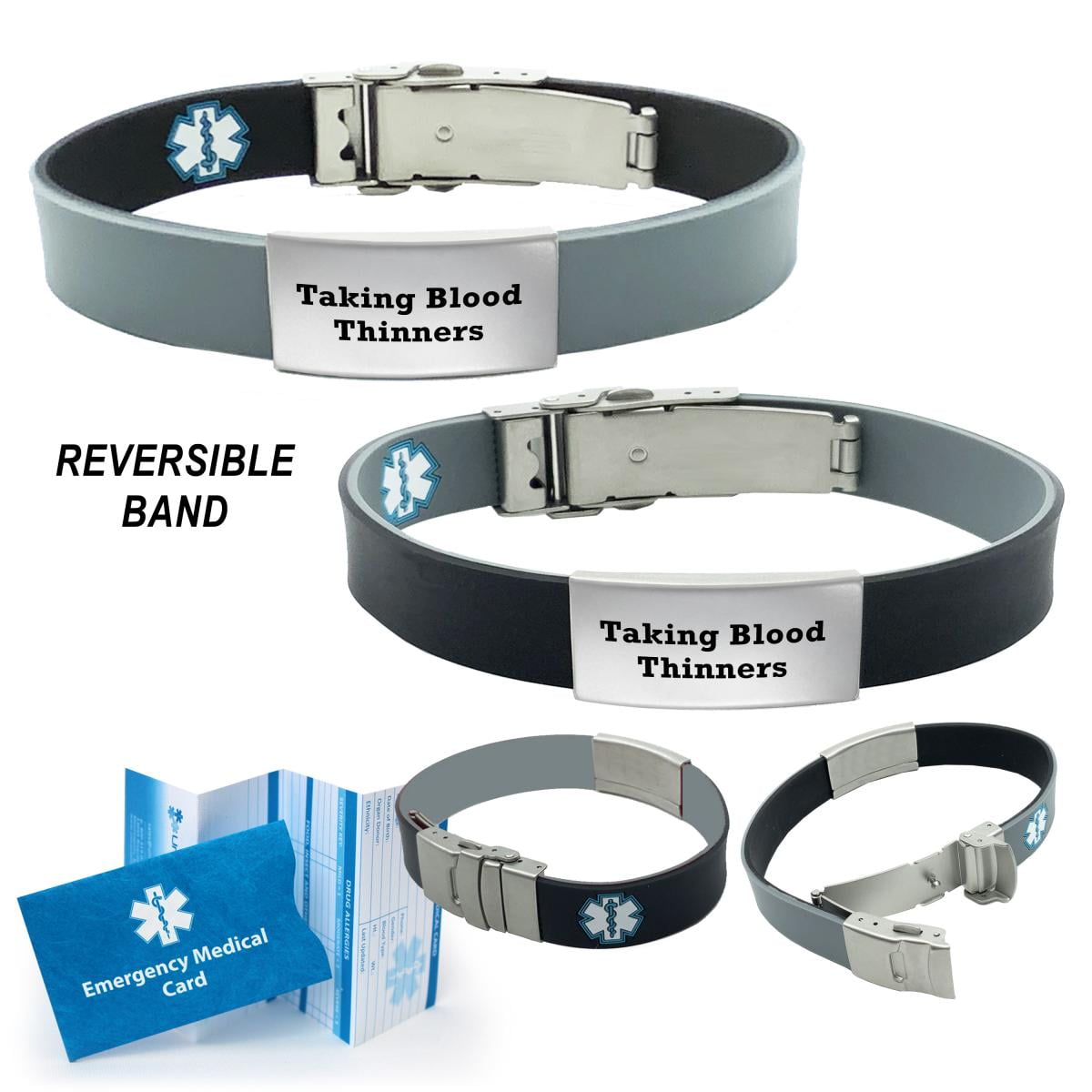 Preengraved "TAKING BLOOD THINNERS" Black/Gray Reversible Sport Slim Medical ID Bracelet for