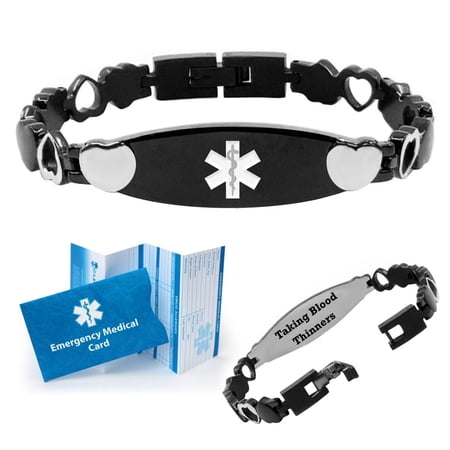 Pre-engraved "TAKING BLOOD THINNERS" Black and Silver Heart Medical Alert Bracelet for Women. Emergency Medical Card, No Obligation 12 mo. Personal Health Record Membership!