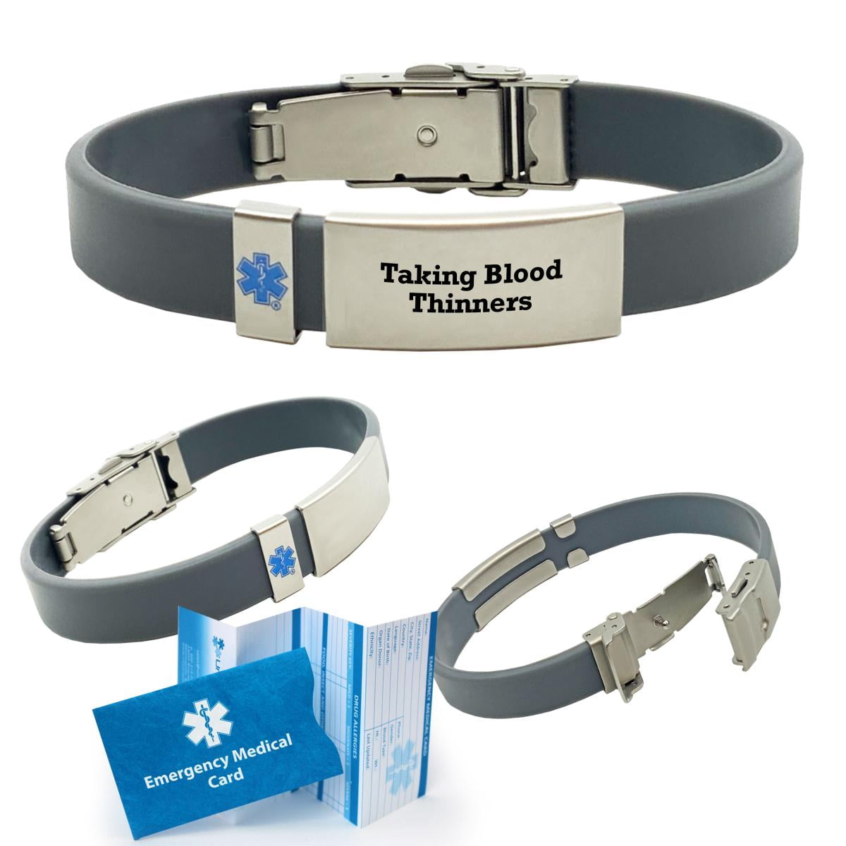 Preengraved "TAKING BLOOD THINNERS" Gray Ultra Slim Medical ID Bracelet for Men and Women