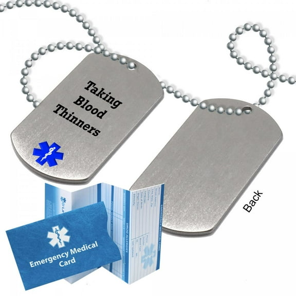 Pre-engraved "TAKING BLOOD THINNERS" Stainless Steel Medical Alert Dog Tag for Men and Women. Emergency Medical Card, Complimentary 12-Month Access PHR Personal Health Record!