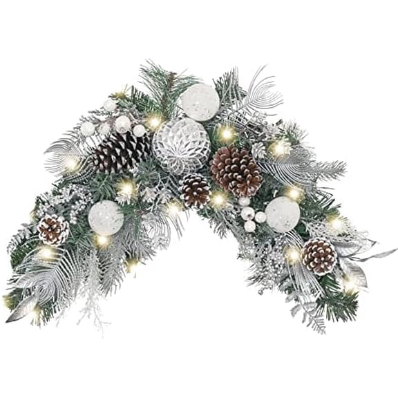 Pre-lIT cHRISTMAS sWAG FOR dECORATING oUTDOOR, 24 iNCH sLIVER wHITE mAILBOX sWAG dECORATION tEARDROP WITH 20 led lIGHTS, bALL oRNAMENTS FOR fRONT dOOR sTAIRWAY wINDOW sHELF xMAS dECOR