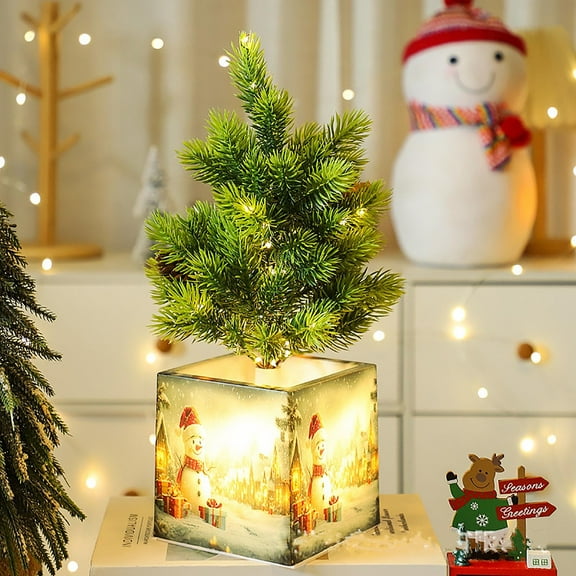 Pre-lit 14.2" Small Christmas Tree, Artificial Mini Christmas Tree with Light-Up Pot, Battery Powered Tabletop Xmas Tree Night Light for Table Desk Home Christmas Decor