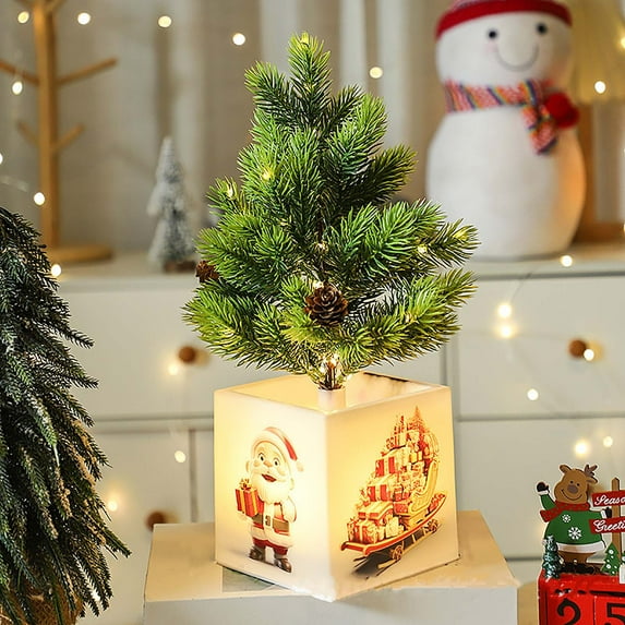 Pre-lit 14.2" Small Christmas Tree, Artificial Mini Christmas Tree with Light-Up Pot, Battery Powered Tabletop Xmas Tree Night Light for Table Desk Home Christmas Decor