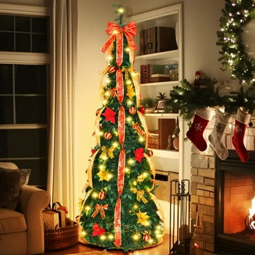 Pop Up Christmas Tree 6ft Pre-lit 150 LED 8 Modes Pre-Decorated Christmas Tree Collapsible Christmas Tree Warm White Light for Christmas Holiday Decoration