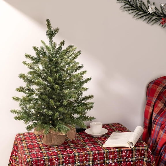 Pre-lit 19 inches Small Christmas Tree, Artificial mini Christmas Tree, Battery Operated Tabletop Xmas Tree with Burlap Base for Table Desk Home Christmas Decor