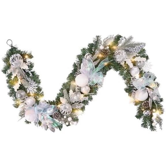 Pre-lit 6 feet Winter White Silver Christmas Garland 20 LED Lights with Timer Battery Operated,Lighted Christmas Garland for Mantle Fireplace Stairs,Christmas Decoration for Front Door, in/Out Decor