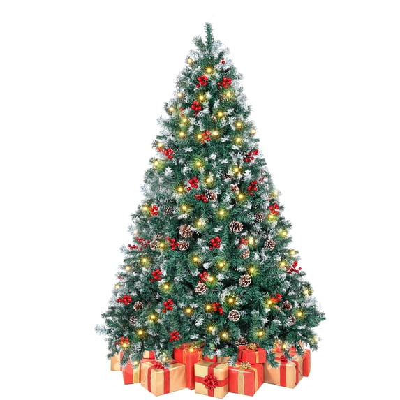 Pre-lit Artificial Christmas Tree, 6FT Pre-Decorated Artificial Hinged Xmas Tree with 800 Flocked Frosted Tips & 58 Red Berries for Holiday Party Home