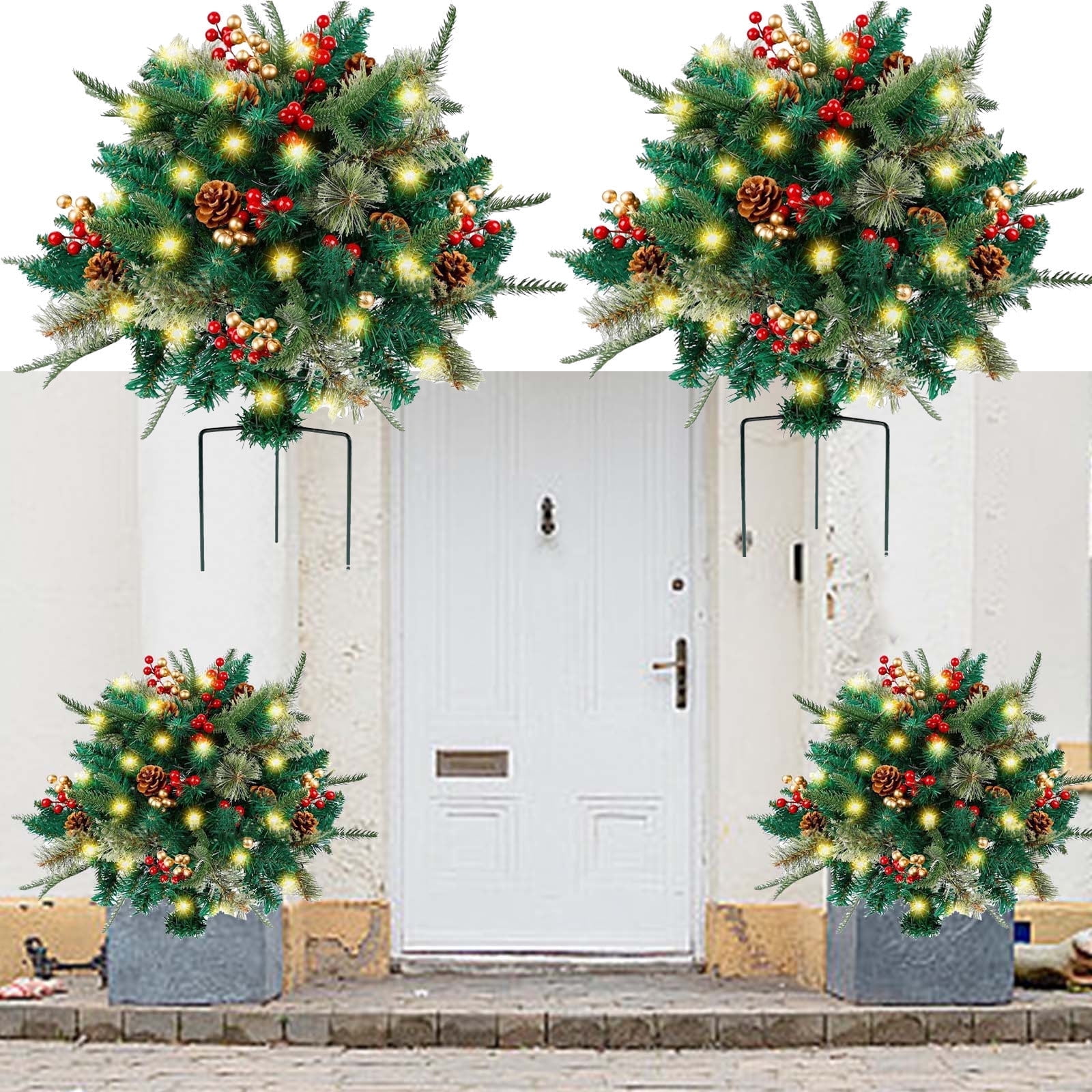 Pre-lit Artificial Christmas Tree Feel Real Urn Filler,1PC Christmas Tree Urn Filler, Lighted Artificial Xmas Pine Trees with Tripod Stake, Battery Powered Outdoor Christmas Trees for Porch, Driveway