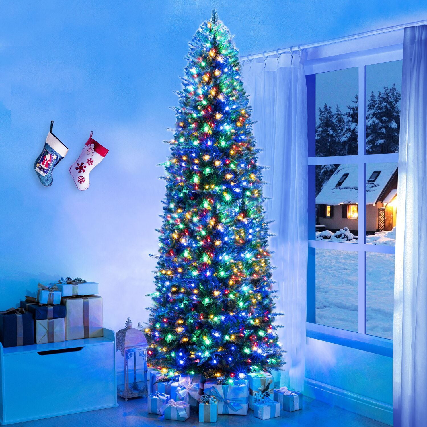 Prelit Artificial Christmas Tree Hinged Xmas Tree with MultiColor
