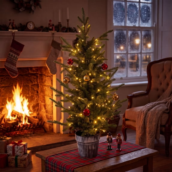 Pre-lit Artificial Christmas Tree with Metal Bucket Base, Battery ...