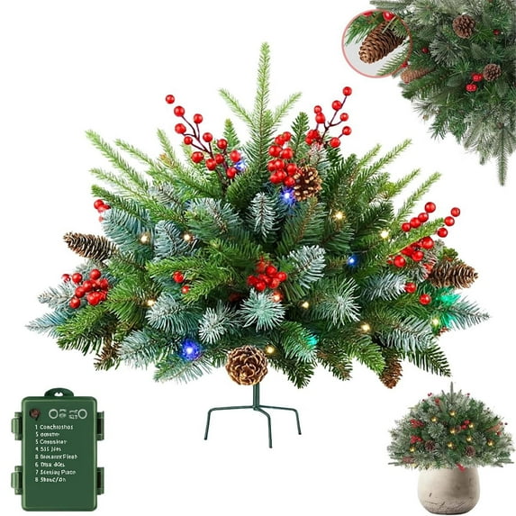 Pre-lit Artificial Christmas Tree Urn Filler, 19×20 Inch Christmas Urn Filler with Lights, Christmas Porch Decorations, Faux Christmas Planter Filler for Flowerpot(Without Battery)