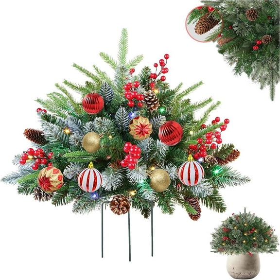 Pre-lit Artificial Christmas Tree Urn Filler,New Lighted Holiday Planter Filler,Outdoor Christmas Tree with Tripod Stake with 60 LED Lights for Porch,Yard,Garden(A)