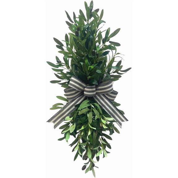 26 Inch Lighted Olive Leaf Swag with Timer and Striped Bow | Faux Olive Leaves, Black Olives and Striped Bow with 20 Warm White Lights for Entryway and Wall Decor