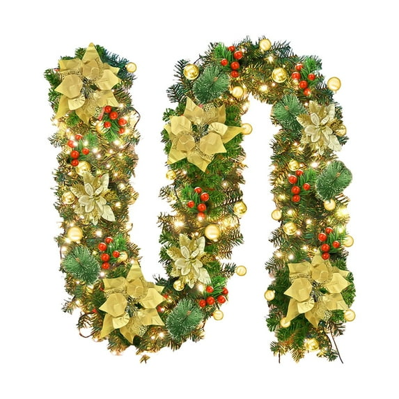 Pre-lit Christmas Garland with 30 LED Lights,Four Large Flowers and Three Small Flowers, Battery Operated Garland with Star Berry Faux Spruce for Outdoor Indoor Mantle Holiday Decor(Orange2,106x2")