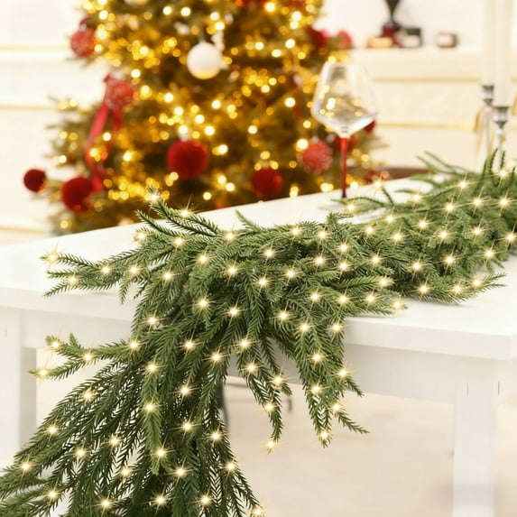 Pre-lit Christmas Garland 6FT Real Touch Norfolk Pine with LED String Lights, Battery Operated Artificial Greenery Garland for Indoor Outdoor Holiday Decor, Fireplace, Mantel, Staircase and Wall