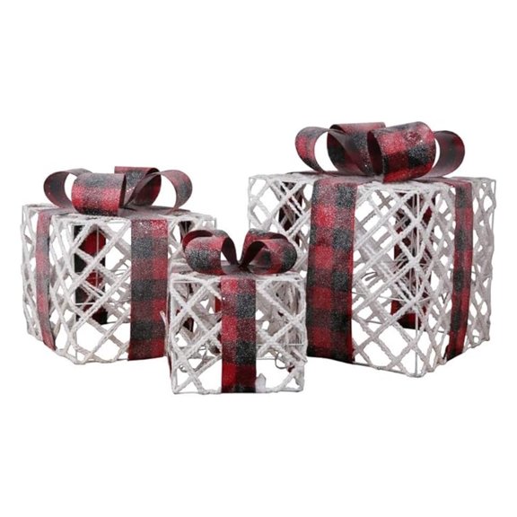 Pre-lit Christmas Gift Boxes - Set of 3, 60 LED Lights, Indoor/Outdoor Festive Plaid Presents