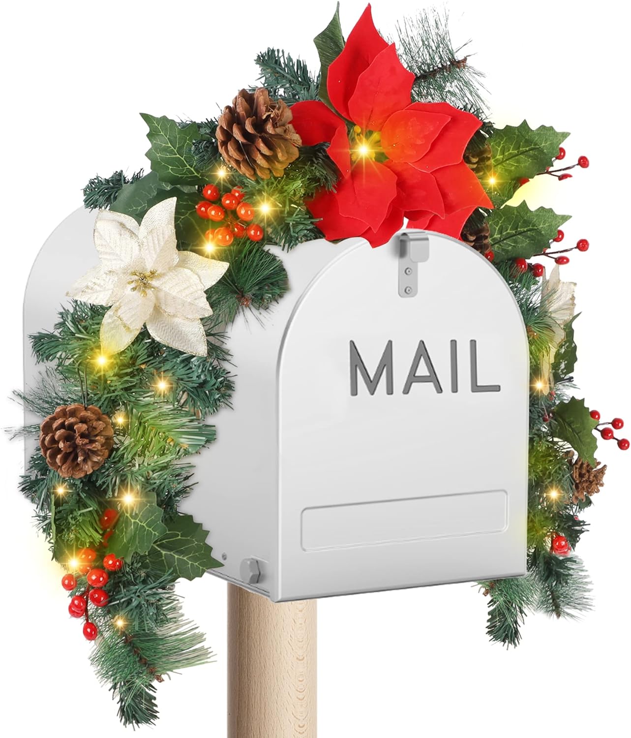 Prelit Christmas Mailbox Swag Garland with Poinsettias Flowers