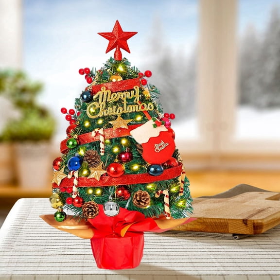 Pre-lit Christmas Pine Tree, with Warm White Fairy Lights Tabletop Artificial Tree, Small Light up Pine Tree with Burlap Base for Xmas, Spring Home Decorations F