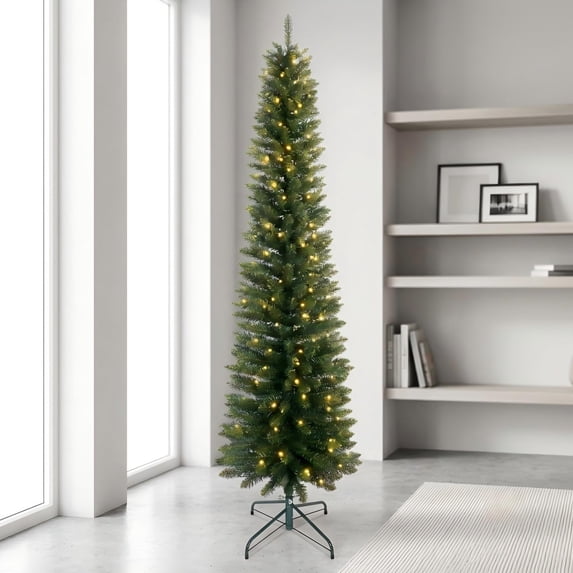 Fehomix 6FT Pre-Lit Pencil Christmas Tree with 150 Warm White LED Lights, 358 PVC Tips, Slim Artificial Christmas Tree with Metal Stand for Apartments, Corners, Small Spaces & Offices