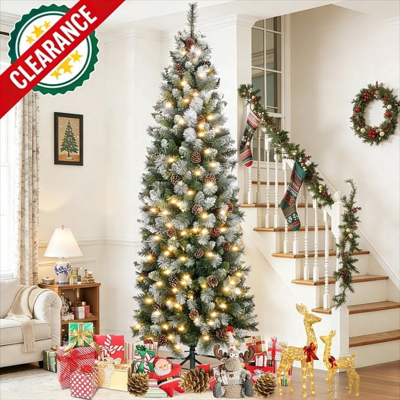 iCapeson 6ft Pencil Slim Artificial Christmas Tree, Pre-Lit 250 Warm LED Lights, 37 Pine Cones & 595 Mixed Partially Frosted White Branches