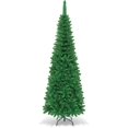 thumbnail image 1 of Pre-lit Christmas Tree, 6.5FT Pencil Artificial Xmas Tree with 708 Branch Tips, 250 LED Lights, Folding Metal Stand, Green, 1 of 7