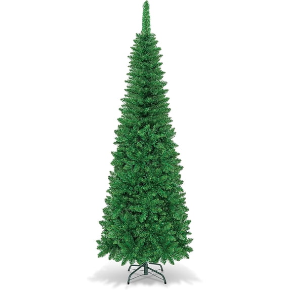 Pre-lit Christmas Tree, 6.5FT Pencil Artificial Xmas Tree with 708 Branch Tips, 250 LED Lights, Folding Metal Stand, Green