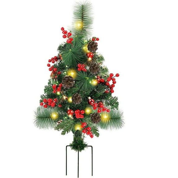 Pre-lit Christmas Tree, Outdoor Planter Fillers, 28" Light up Christmas Tree Urn Filler, 9.8ft String Light Artificial Pine Tree with 40 Led, Porch Yard Planter Bushes, Pot fillers, Pinecone Redberry