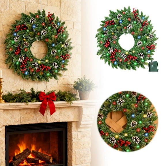 Pre-lit Christmas Wreath for Front Door, 24 Inch Outdoor Artificial Wreath with LED Lights, Flocked Snow, Pinecones & Berries, Battery Operated with Timer for Holiday Winter Decor