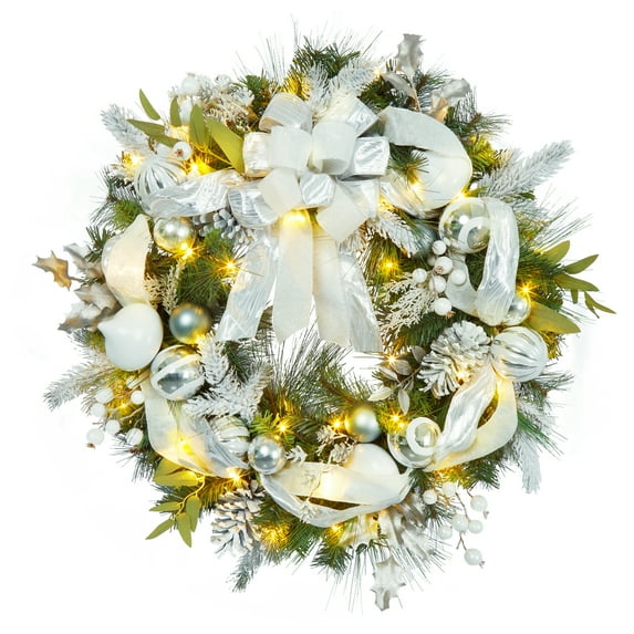 Pre-lit Christmas Wreath for Front Door, 30 Inch Christmas Wreath with 40 LED Lights, Xmas Wreath for Home Party Indoor Outdoor Use