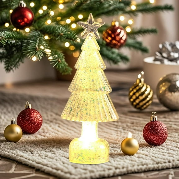 Taicans ‌Pre-lit Crystal Glass Christmas Tree - 5.9x2.0in Gold Plastic Desktop Ornament,Glowing Holiday Decor & Night Light Gift for Festive Ambience‌