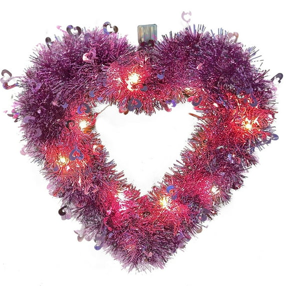 Pre-lit Heart Wreath Valentine's Day Heart Wreath Red Valentine Heart Wreaths Tinsel Heart Shaped Wreaths Valentine's Day Decorations for Wedding Birthday Party Front Door Wall Window Home Decor