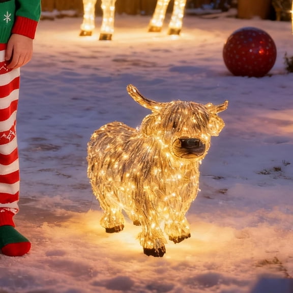 Pre-lit Highland Cow Christmas Decor, 3D Lighted Highland Cow Outdoor Indoor Decorations with Warm White Lights, Western Cowboy Glowing Christmas Ornaments for Yard Porch Garden Xmas