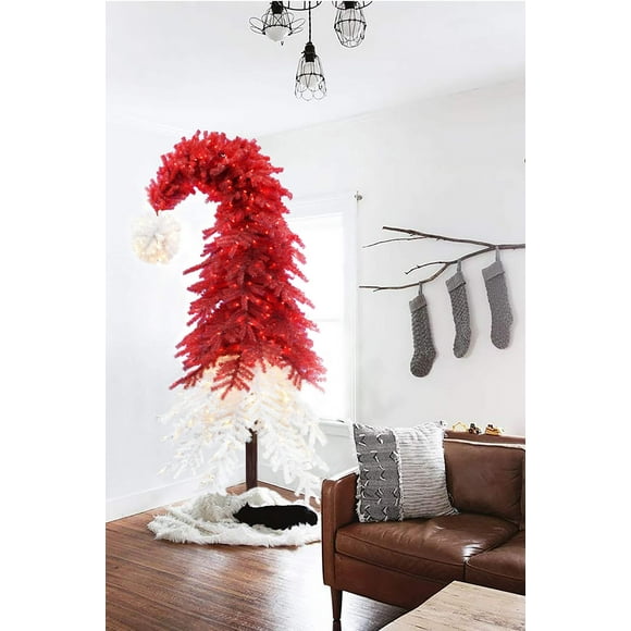 Pre-lit Santa Hat Christmas Tree with Red and Warm White Lights and Square Metal Base