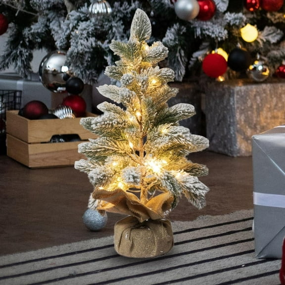 Pre-lit Snowy Mini Christmas Tree, Small Tabletop Flocked Christmas Tree with 40 LED Lights Xmas Decorations for Holiday Party,Artificial Christmas Tree with Lights, 18 Inches