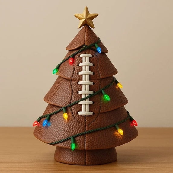 Pre-lit Sports Ball Christmas Tree Decor, Football Shaped Xmas Tree with LED Lights, Football Christmas Trees Holiday Tabletop Decoration for Sports Lovers Home Office Man Cave Party Display