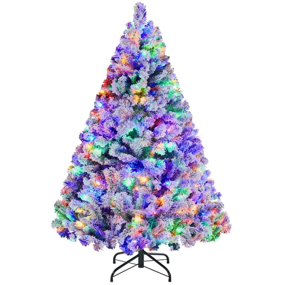 Pre lit flocked artificial Christmas tree with multicolor LED lights,hinged branches for easy setup,durable metal stand,full lush branch tips,perfect for home office party holiday decor,purple, 4.5ft