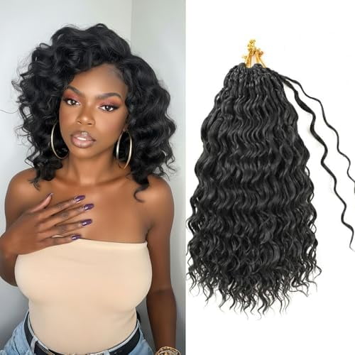Pre looped Wave Crochet Hair 8 Packs 12 Inch Black Synthetic Pre Twisted Braids Hair Boho Deep Wave Short Curly Crochet Hair for Black Women (12 Inch,1B#)