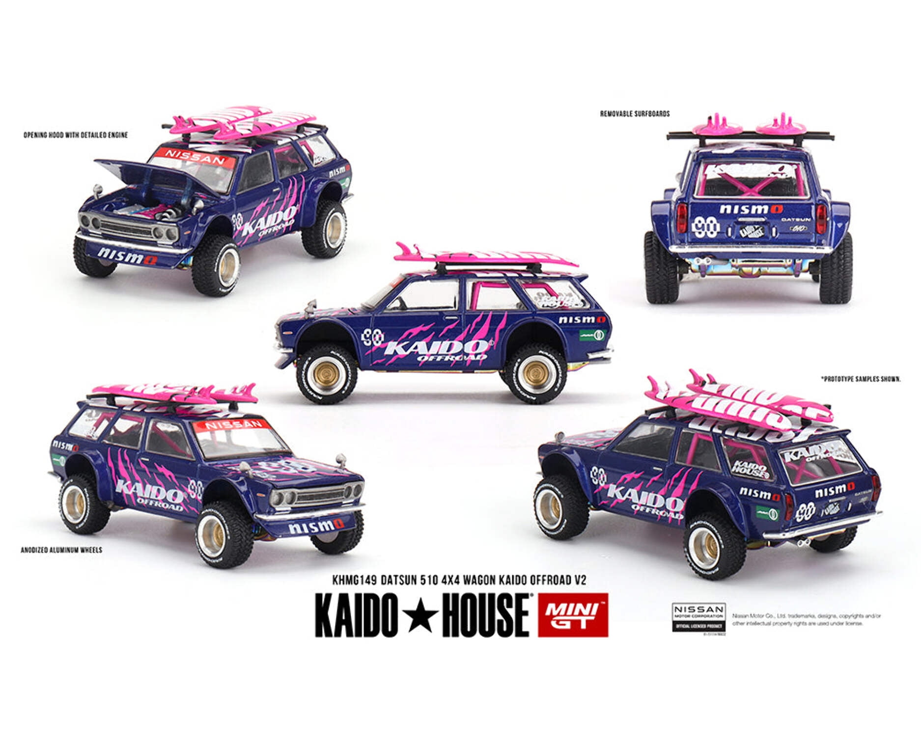 Datsun Kaido 510 Wagon 4x4 RHD #90 "Kaido Offroad V2" Purple w/Pink and Surfboards 1/64 Diecast Model Car by Mini GT