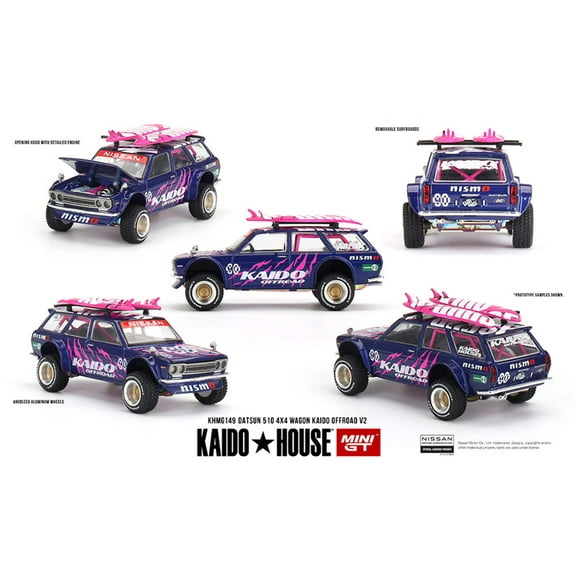 Datsun Kaido 510 Wagon 4x4 RHD #90 "Kaido Offroad V2" Purple w/Pink and Surfboards 1/64 Diecast Model Car by Mini GT
