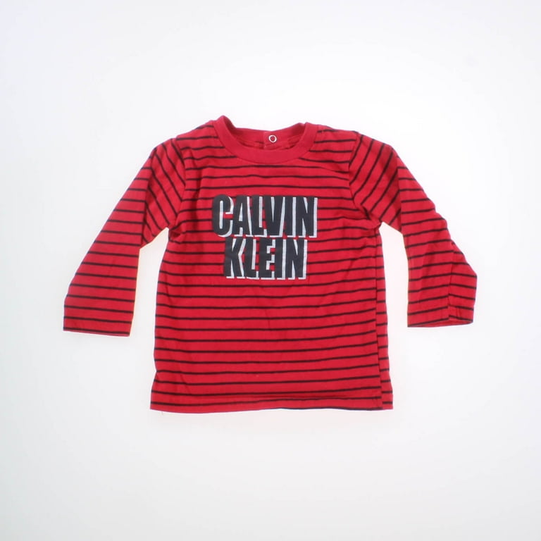 Pre owned Calvin Klein Boys Red Black Striped Long Sleeve T Shirt size 12 Months Good