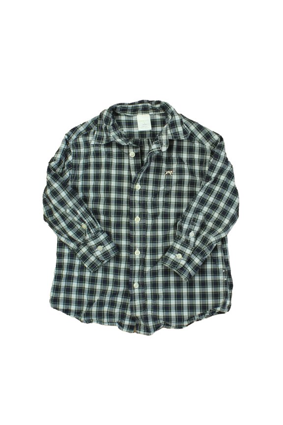 Pre-owned: Crewcuts Boys Green | Plaid Button Down Long Sleeve size: 3T (Good)