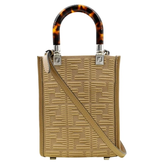 Pre-Owned FENDI Mini Sunshine Plexiglass Technical Fabric Vitello Ceylon Shopper Tote Crossbody Bag Sand