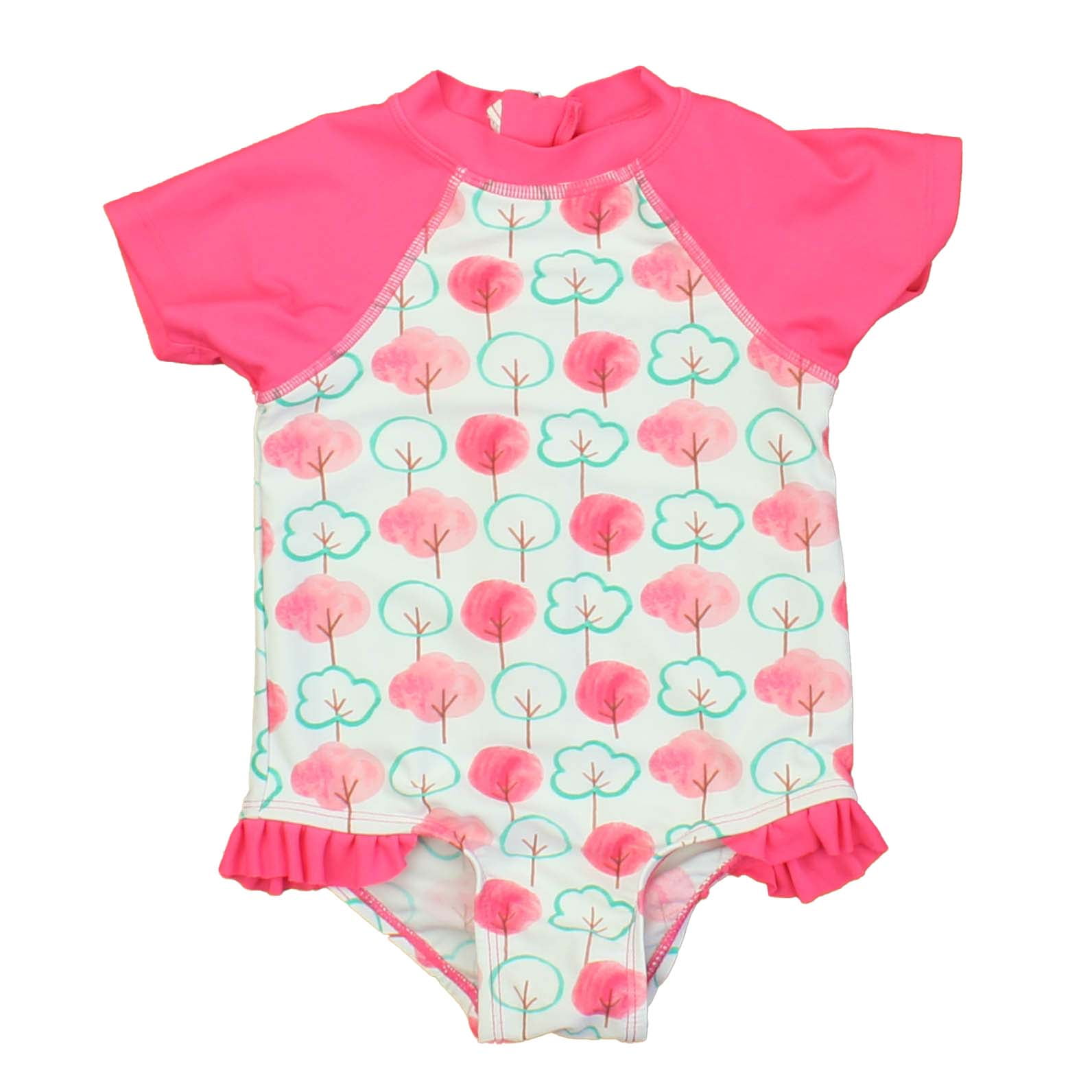 Pre owned Floatimini Girls Pink White Green 1 piece Swimsuit