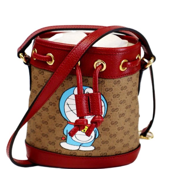 Pre-Owned GUCCI Doraemon x Candy Mini GG Supreme Monogram Bucket Bag Beige 647801