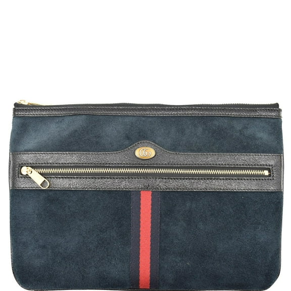 Pre-Owned GUCCI Ophidia GG Suede Leather Pouch Clutch Bag Navy Blue 517551