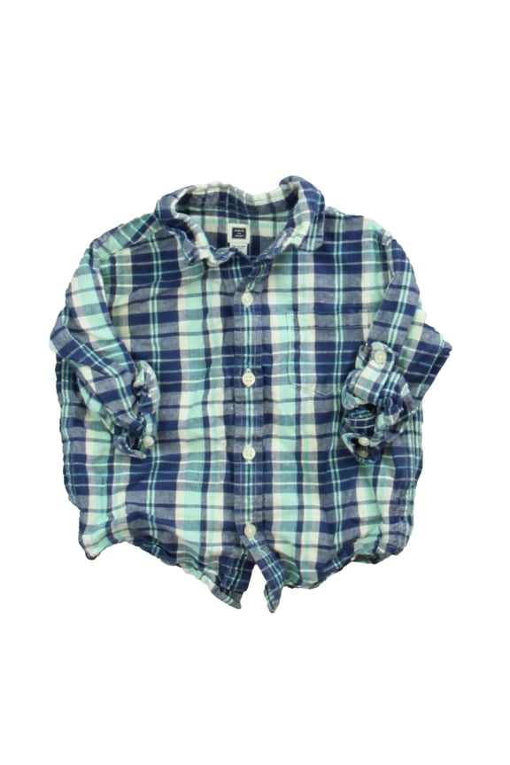 Pre-Owned Janie & Jack Boys Blue | Aqua Plaid Button Down Long Sleeve size: 18-24 Months (Good)