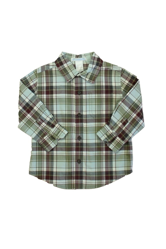 Pre-owned: Janie and Jack Boys Green | Blue Plaid Button Down Long Sleeve size: 12-18 Months (Excellent)