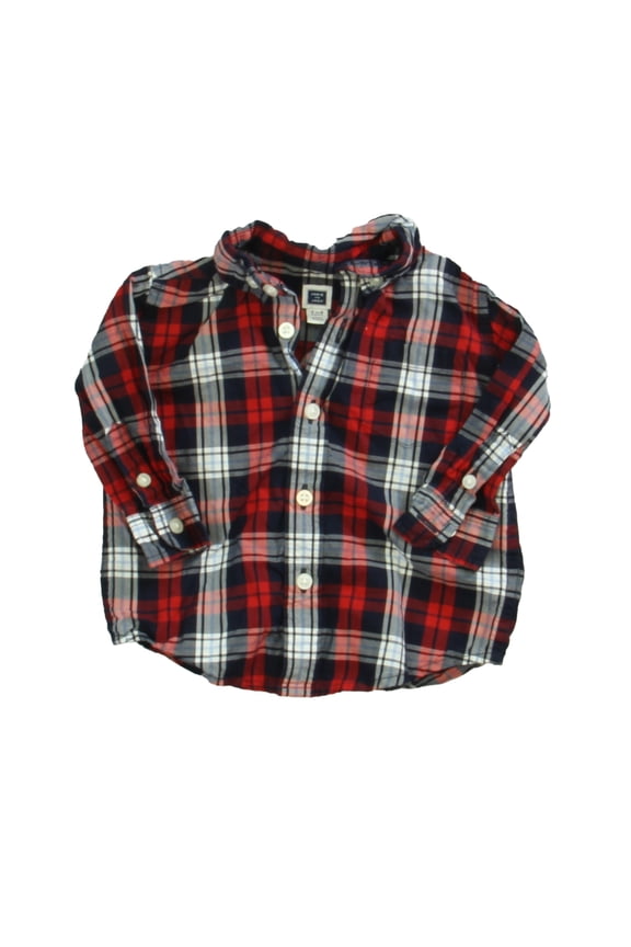 Pre-owned: Janie and Jack Boys Navy | Red Plaid Button Down Long Sleeve size: 3-6 Months (Excellent)